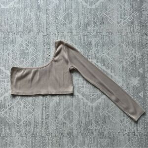 Maniere de Voir One Sleeve Ribbed Neutral Minimalist Beige Crop Top Size 12 UK